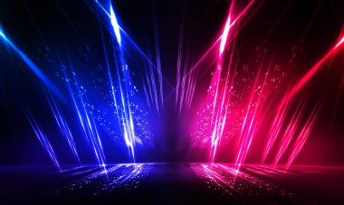 Karanlık soyut fütüristik arka plan. Neon hatları parlıyor. Neon hatları, şekiller. Pembe-mavi parıltı. Boş Sahne Arkaplanı