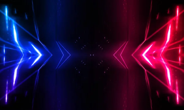 Dark abstract futuristic background. Neon lines glow. Neon lines, shapes. Pink-blue glow. Empty Stage Background