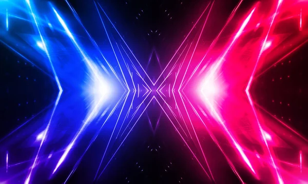 Dark abstract futuristic background. Neon lines glow. Neon lines, shapes. Pink-blue glow. Empty Stage Background