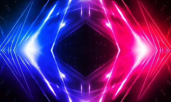 Dark abstract futuristic background. Neon lines glow. Neon lines, shapes. Pink-blue glow. Empty Stage Background