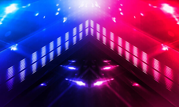 Тёмный абстрактный футуристический фон. Неоновые линии светятся. Неоновые линии, формы. Розово-голубое свечение. Пустой этап фона
