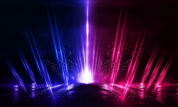 Dark abstract futuristic background. Neon lines glow. Neon lines, shapes. Pink-blue glow. Empty Stage Background