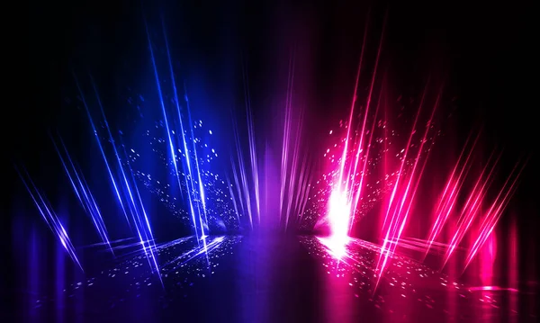 Dark abstract futuristic background. Neon lines glow. Neon lines, shapes. Pink-blue glow. Empty Stage Background