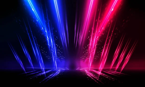 Dark abstract futuristic background. Neon lines glow. Neon lines, shapes. Pink-blue glow. Empty Stage Background