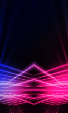 Karanlık soyut fütüristik arka plan. Neon hatları parlıyor. Neon hatları, şekiller. Pembe-mavi parıltı. Boş Sahne Arkaplanı