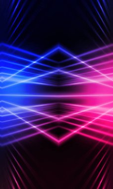 Karanlık soyut fütüristik arka plan. Neon hatları parlıyor. Neon hatları, şekiller. Pembe-mavi parıltı. Boş Sahne Arkaplanı