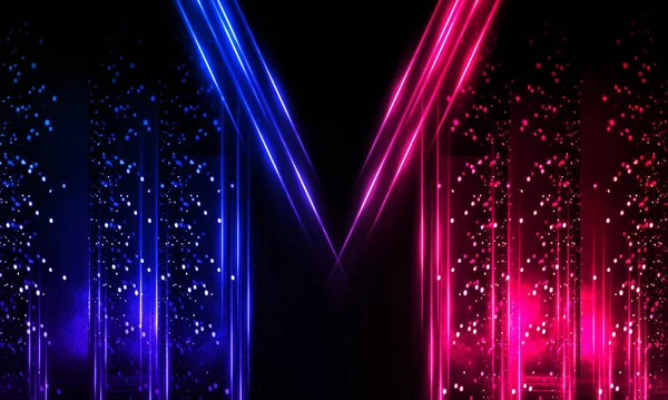 Dark abstract futuristic background. Neon lines glow. Neon lines, shapes. Pink-blue glow. Empty Stage Background