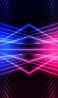 Karanlık soyut fütüristik arka plan. Neon hatları parlıyor. Neon hatları, şekiller. Pembe-mavi parıltı. Boş Sahne Arkaplanı