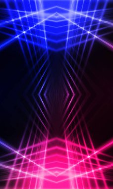 Karanlık soyut fütüristik arka plan. Neon hatları parlıyor. Neon hatları, şekiller. Pembe-mavi parıltı. Boş Sahne Arkaplanı