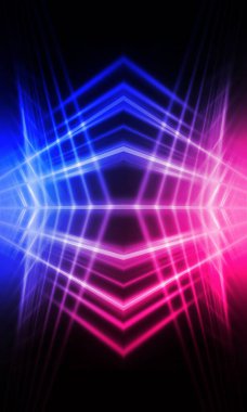 Karanlık soyut fütüristik arka plan. Neon hatları parlıyor. Neon hatları, şekiller. Pembe-mavi parıltı. Boş Sahne Arkaplanı