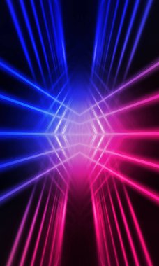 Karanlık soyut fütüristik arka plan. Neon hatları parlıyor. Neon hatları, şekiller. Pembe-mavi parıltı. Boş Sahne Arkaplanı