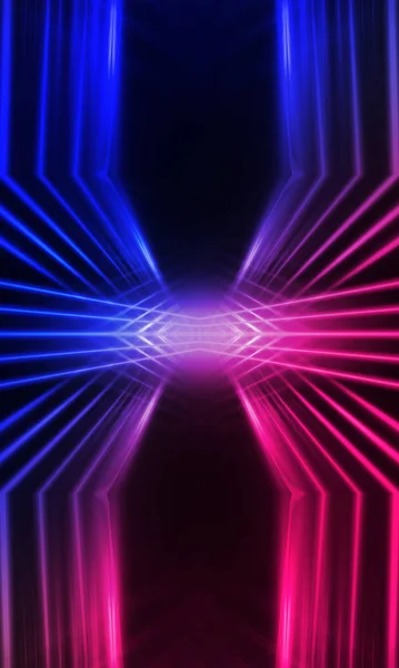 Dark abstract futuristic background. Neon lines glow. Neon lines, shapes. Pink-blue glow. Empty Stage Background