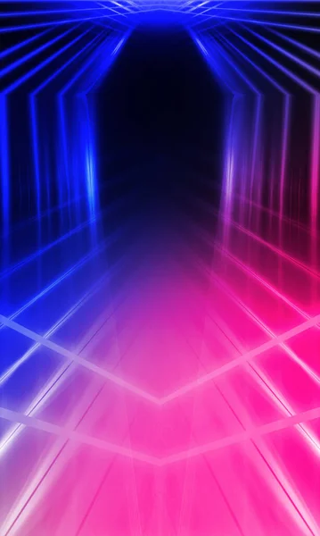 黑暗抽象的未来主义背景 霓虹灯线发光 霓虹灯的线条形状粉色蓝色的光芒 空舞台背景 — 图库照片