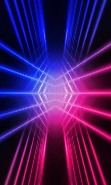 Dark abstract futuristic background. Neon lines glow. Neon lines, shapes. Pink-blue glow. Empty Stage Background