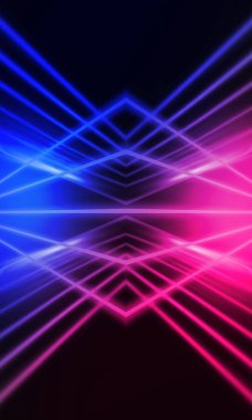 Karanlık soyut fütüristik arka plan. Neon hatları parlıyor. Neon hatları, şekiller. Pembe-mavi parıltı. Boş Sahne Arkaplanı