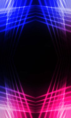 Karanlık soyut fütüristik arka plan. Neon hatları parlıyor. Neon hatları, şekiller. Pembe-mavi parıltı. Boş Sahne Arkaplanı