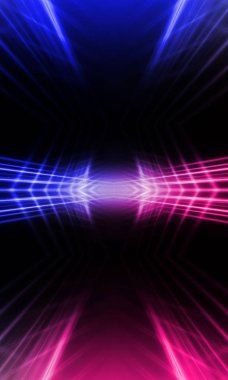 Karanlık soyut fütüristik arka plan. Neon hatları parlıyor. Neon hatları, şekiller. Pembe-mavi parıltı. Boş Sahne Arkaplanı