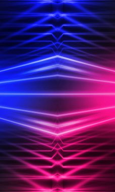 Karanlık soyut fütüristik arka plan. Neon hatları parlıyor. Neon hatları, şekiller. Pembe-mavi parıltı. Boş Sahne Arkaplanı