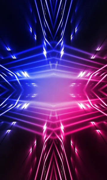Dark abstract futuristic background. Neon lines glow. Neon lines, shapes. Pink-blue glow. Empty Stage Background