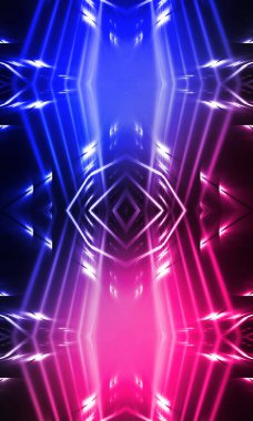 Karanlık soyut fütüristik arka plan. Neon hatları parlıyor. Neon hatları, şekiller. Pembe-mavi parıltı. Boş Sahne Arkaplanı