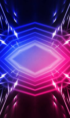 Karanlık soyut fütüristik arka plan. Neon hatları parlıyor. Neon hatları, şekiller. Pembe-mavi parıltı. Boş Sahne Arkaplanı
