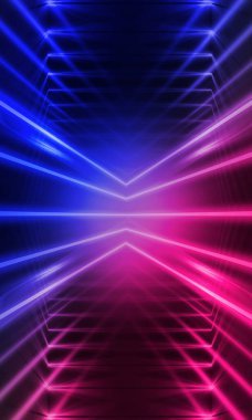 Karanlık soyut fütüristik arka plan. Neon hatları parlıyor. Neon hatları, şekiller. Pembe-mavi parıltı. Boş Sahne Arkaplanı