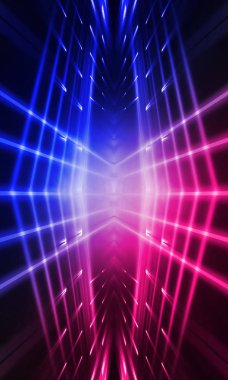 Karanlık soyut fütüristik arka plan. Neon hatları parlıyor. Neon hatları, şekiller. Pembe-mavi parıltı. Boş Sahne Arkaplanı
