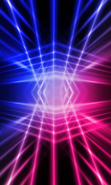 Karanlık soyut fütüristik arka plan. Neon hatları parlıyor. Neon hatları, şekiller. Pembe-mavi parıltı. Boş Sahne Arkaplanı