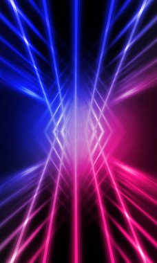 Karanlık soyut fütüristik arka plan. Neon hatları parlıyor. Neon hatları, şekiller. Pembe-mavi parıltı. Boş Sahne Arkaplanı