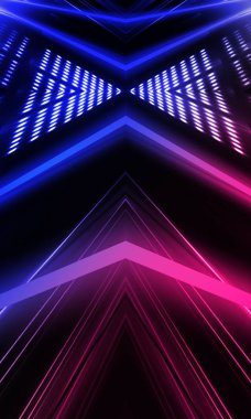 Karanlık soyut fütüristik arka plan. Neon hatları parlıyor. Neon hatları, şekiller. Pembe-mavi parıltı. Boş Sahne Arkaplanı