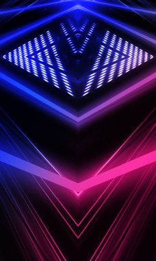 Karanlık soyut fütüristik arka plan. Neon hatları parlıyor. Neon hatları, şekiller. Pembe-mavi parıltı. Boş Sahne Arkaplanı