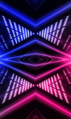 Karanlık soyut fütüristik arka plan. Neon hatları parlıyor. Neon hatları, şekiller. Pembe-mavi parıltı. Boş Sahne Arkaplanı