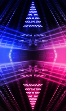 Karanlık soyut fütüristik arka plan. Neon hatları parlıyor. Neon hatları, şekiller. Pembe-mavi parıltı. Boş Sahne Arkaplanı