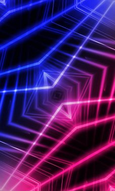 Karanlık soyut fütüristik arka plan. Neon hatları parlıyor. Neon hatları, şekiller. Pembe-mavi parıltı. Boş Sahne Arkaplanı