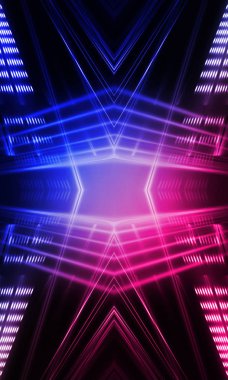 Karanlık soyut fütüristik arka plan. Neon hatları parlıyor. Neon hatları, şekiller. Pembe-mavi parıltı. Boş Sahne Arkaplanı