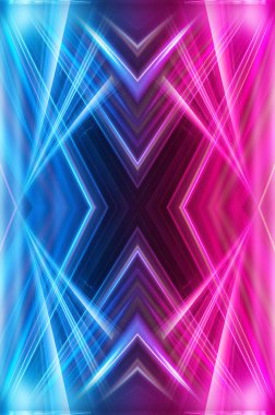 Karanlık soyut fütüristik arka plan. Neon hatları parlıyor. Neon hatları, şekiller. Pembe-mavi parıltı. Boş Sahne Arkaplanı