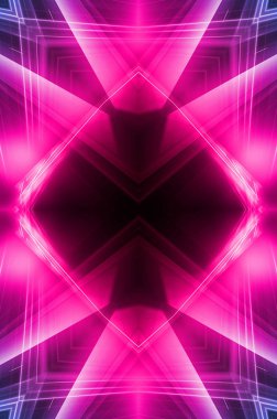 Karanlık soyut fütüristik arka plan. Neon hatları parlıyor. Neon hatları, şekiller. Pembe-mavi parıltı. Boş Sahne Arkaplanı