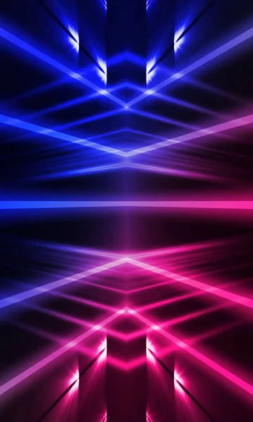 Dark abstract futuristic background. Neon lines glow. Neon lines, shapes. Pink-blue glow. Empty Stage Background
