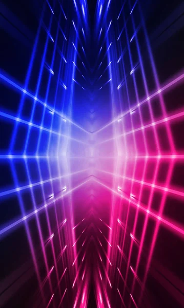 Dark abstract futuristic background. Neon lines glow. Neon lines, shapes. Pink-blue glow. Empty Stage Background