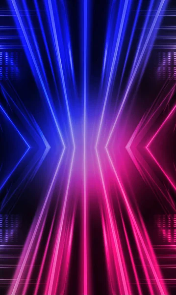 Dark abstract futuristic background. Neon lines glow. Neon lines, shapes. Pink-blue glow. Empty Stage Background