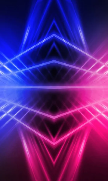 Dark abstract futuristic background. Neon lines glow. Neon lines, shapes. Pink-blue glow. Empty Stage Background