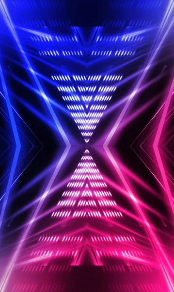 Dark abstract futuristic background. Neon lines glow. Neon lines, shapes. Pink-blue glow. Empty Stage Background