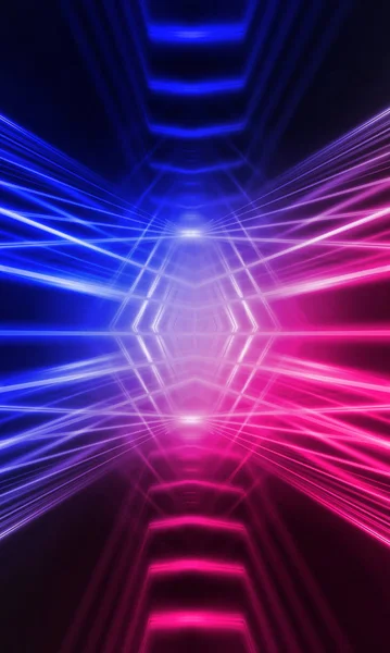 Dark abstract futuristic background. Neon lines glow. Neon lines, shapes. Pink-blue glow. Empty Stage Background