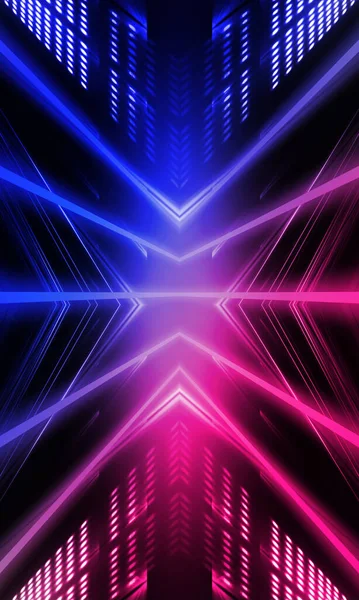 Dark abstract futuristic background. Neon lines glow. Neon lines, shapes. Pink-blue glow. Empty Stage Background