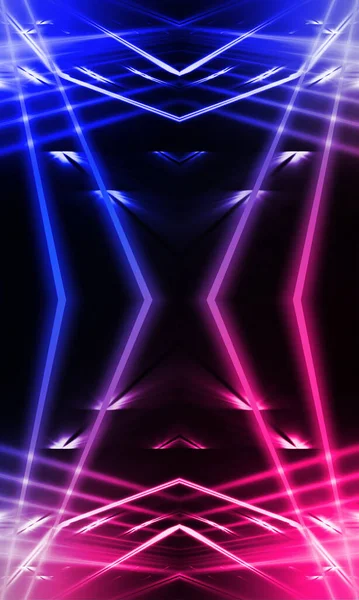 Karanlık soyut fütüristik arka plan. Neon hatları parlıyor. Neon hatları, şekiller. Pembe-mavi parıltı. Boş Sahne Arkaplanı