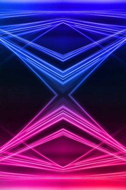 Karanlık soyut fütüristik arka plan. Neon hatları parlıyor. Neon hatları, şekiller. Pembe-mavi parıltı. Boş Sahne Arkaplanı