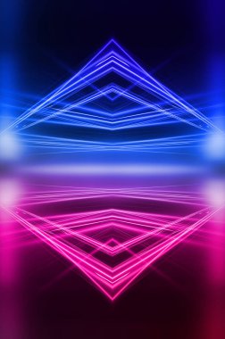 Karanlık soyut fütüristik arka plan. Neon hatları parlıyor. Neon hatları, şekiller. Pembe-mavi parıltı. Boş Sahne Arkaplanı