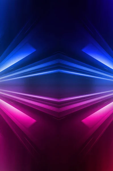 Dark abstract futuristic background. Neon lines glow. Neon lines, shapes. Pink-blue glow. Empty Stage Background