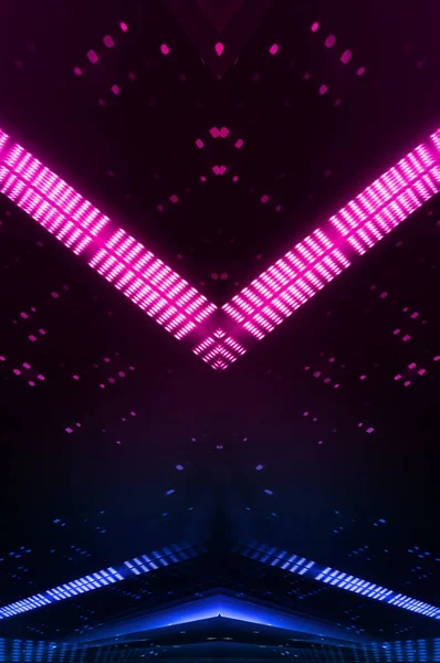 Dark abstract futuristic background. Neon lines glow. Neon lines, shapes. Pink-blue glow. Empty Stage Background