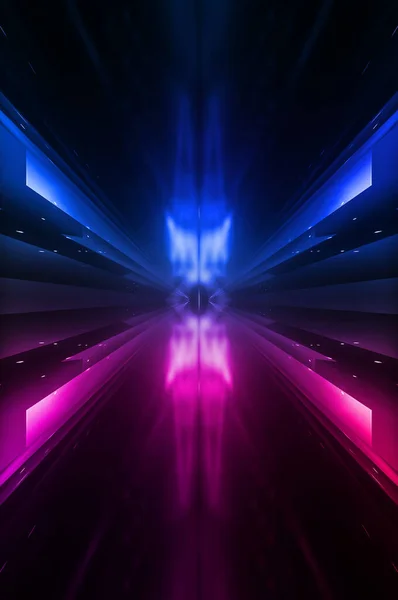 Dark abstract futuristic background. Neon lines glow. Neon lines, shapes. Pink-blue glow. Empty Stage Background